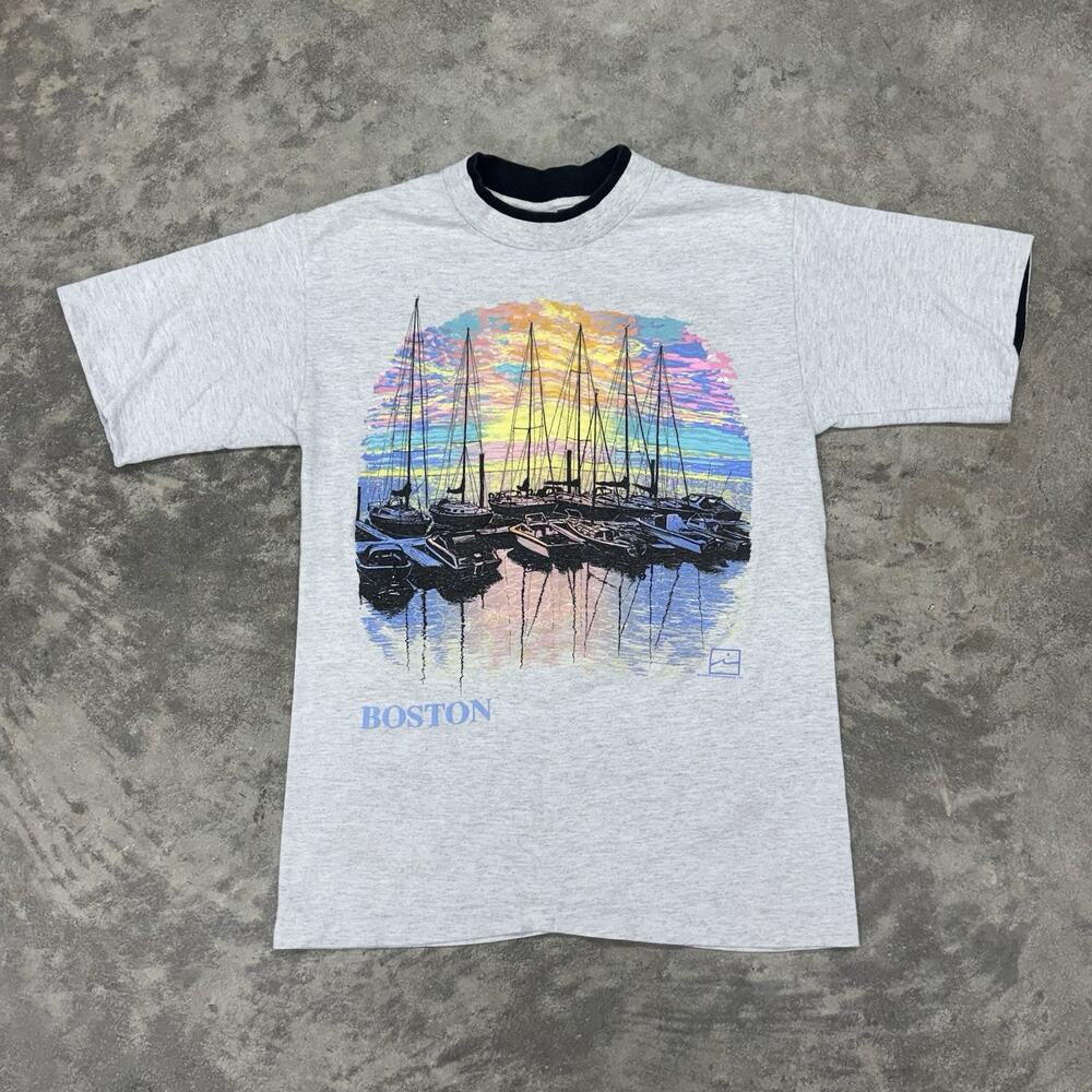 Vintage Boston SCI T Shirt Adult Medium Textured Graphic Multicolored Print Vtg